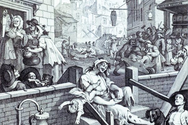 'Gin Lane', 1751.The scene is the St Giles slums. A child falls to its death from the arms of its drunk mother who sits with ulcerated legs. A skeletal figure holds an empty glass. Goods are being pawned in order to buy gin, a baby is being fed with gin, a corpse is put into a coffin in the background.The pawnbroker, distiller and undertaker are the only well-off and successful people in the neighbourhood. Third of four states of plate. This print was published in support of a campaign directed against gin drinking among London's poor. Consumption of cheap spirits by the poor had soared in the early eighteenth century, with dire social consequences. Gin inspires violence and careless inebriation. Addiction to spirits leads to negligence, poverty and death.